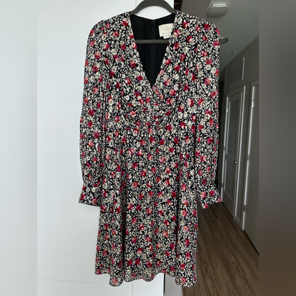 Kate Spade Silk Black and Red Floral Long Sleeve Dress